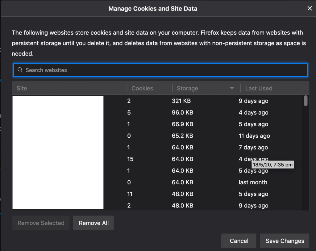 Firefox manage cookies and site data screen showing sites to delete