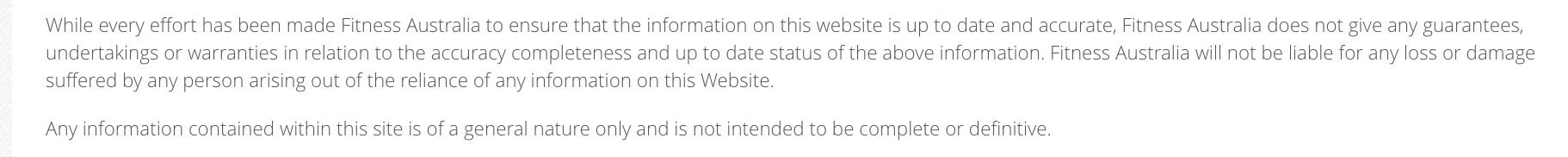 Fitness disclaimer example from Fitness Australia's website