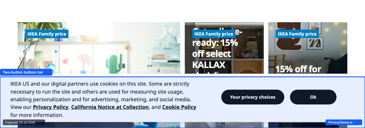 IKEA's two-button bottom-bar cookie banner