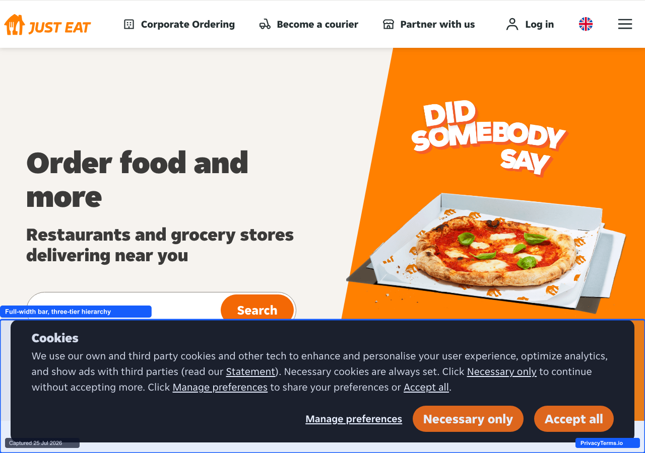 Just Eat's full-width bottom bar cookie banner with a three-tier button hierarchy