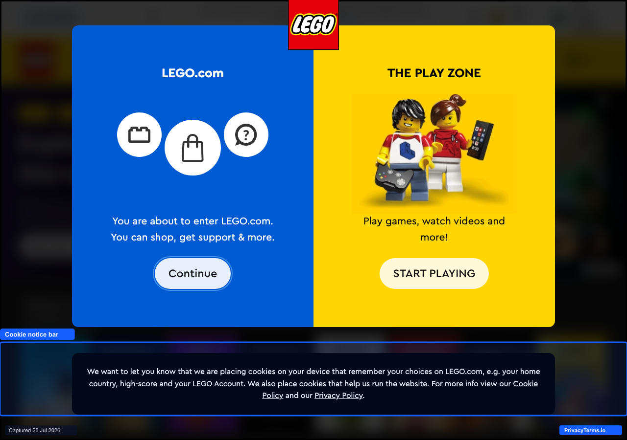 LEGO's cookie notice bar beneath its region-selection modal