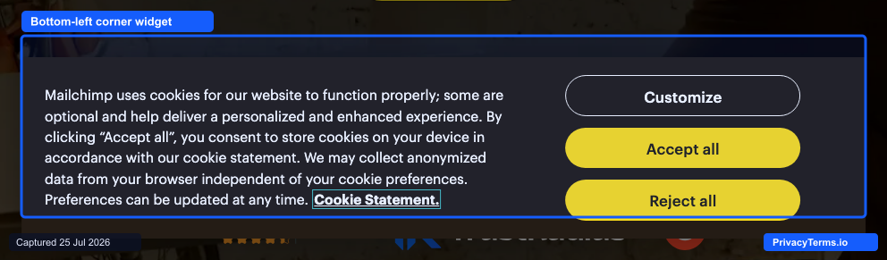Mailchimp's bottom-left corner cookie consent widget with three equal-weight buttons