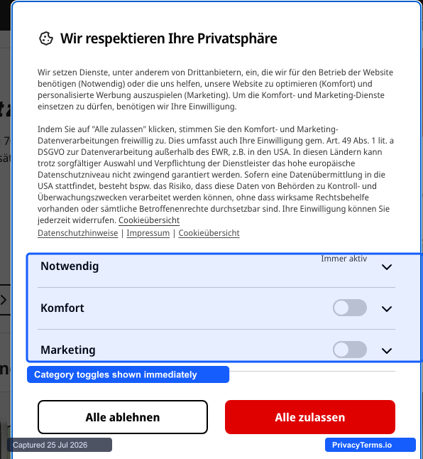 MediaMarkt's centered modal with necessary, comfort, and marketing toggles