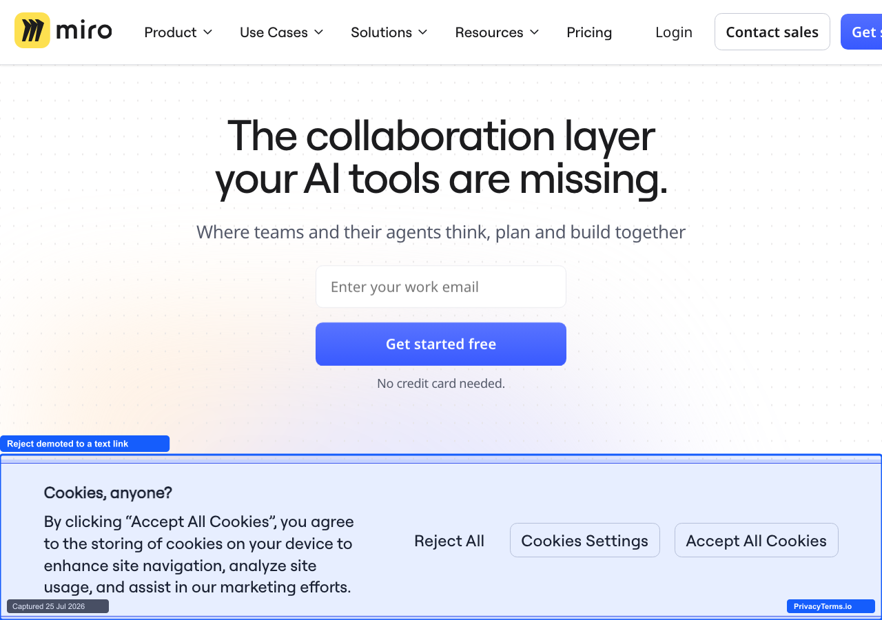 Miro's bottom bar with Reject All demoted to a plain text link