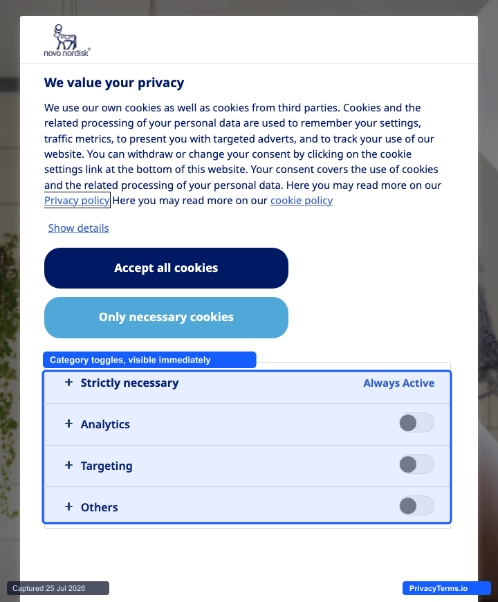 Novo Nordisk's centered cookie consent modal with toggles visible on the first screen
