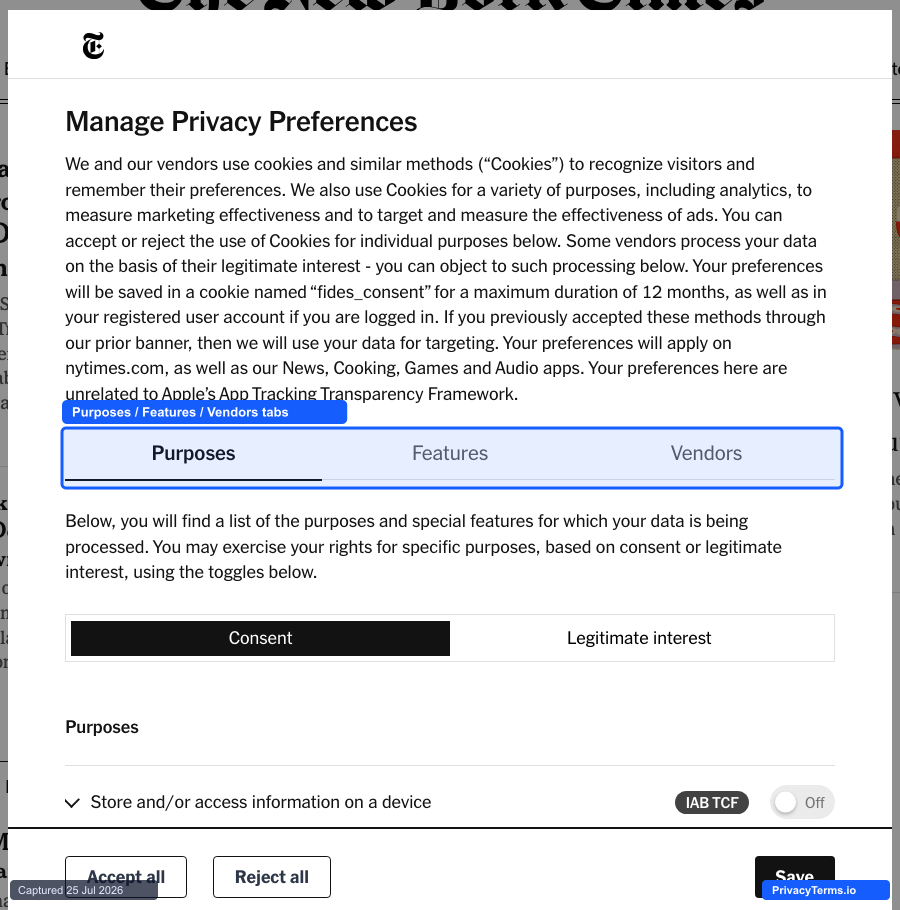 The New York Times' IAB TCF preference center with Purposes, Features, and Vendors tabs