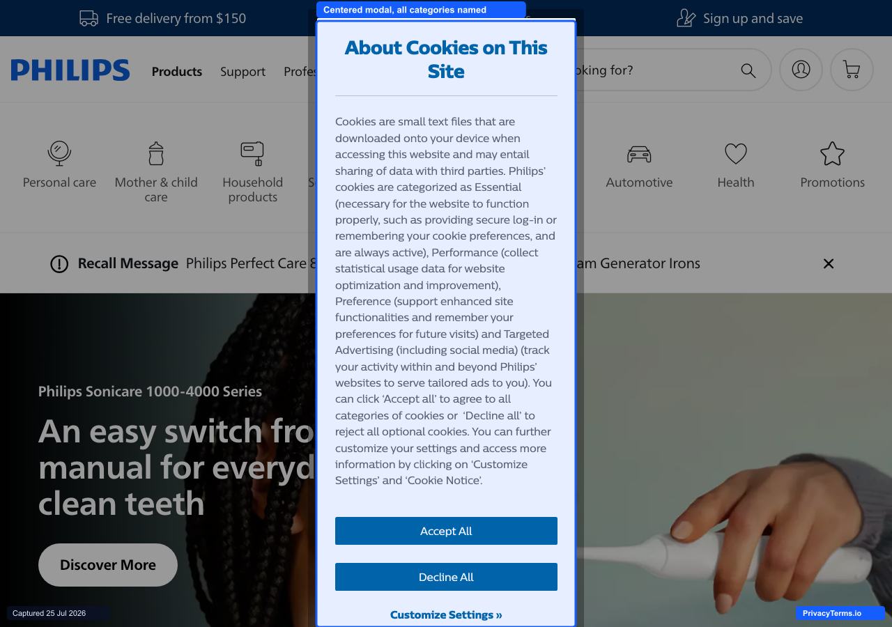 Philips' cookie consent modal naming all four cookie categories in the first screen