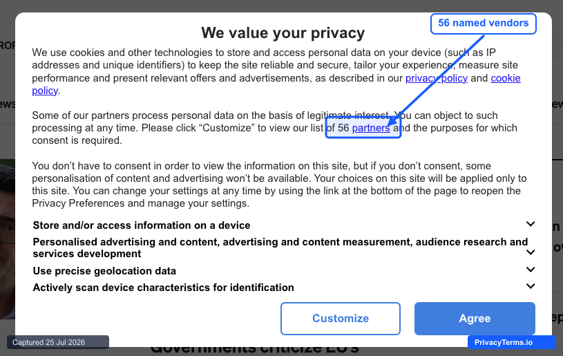 POLITICO Europe's IAB TCF consent modal naming its 56-partner vendor list