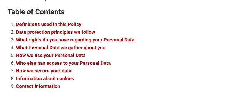 Netflix privacy policy table of contents