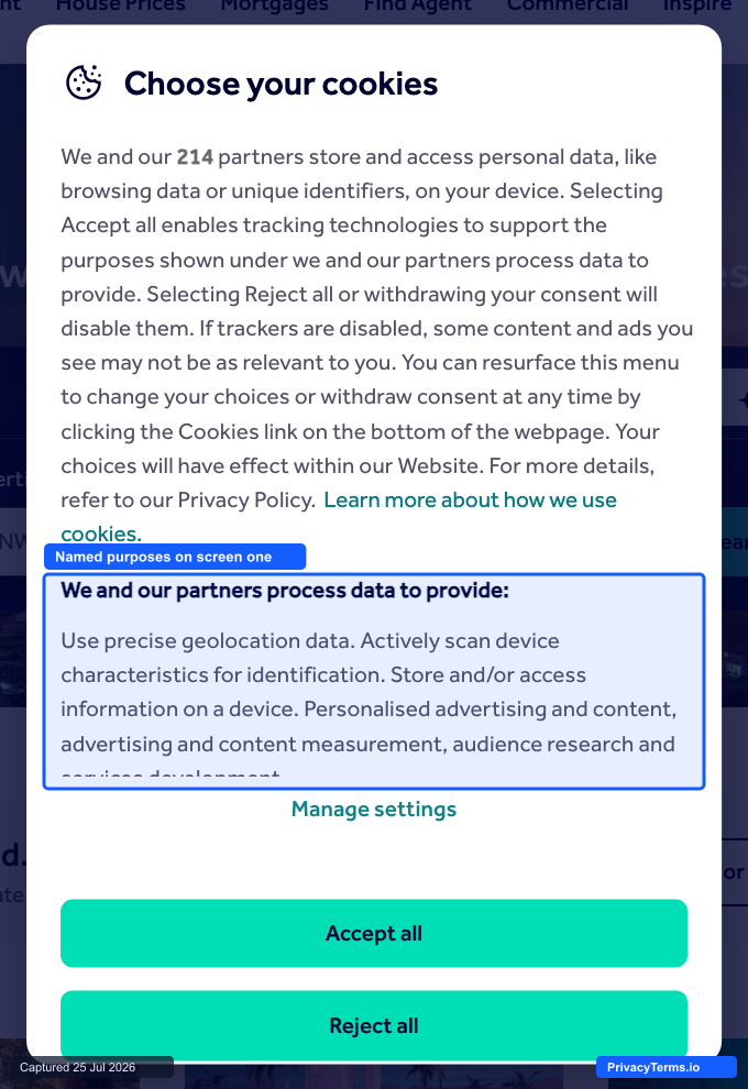 Rightmove's cookie preference center naming specific data-use purposes