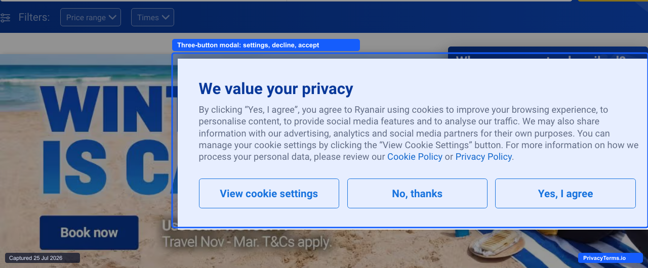 Ryanair's three-button cookie consent modal