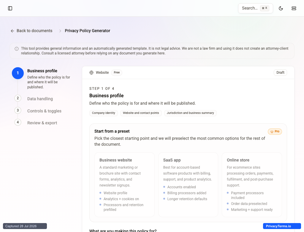 The Privacy Policy Generator's business profile step, where you define who the policy is for and where it will be published
