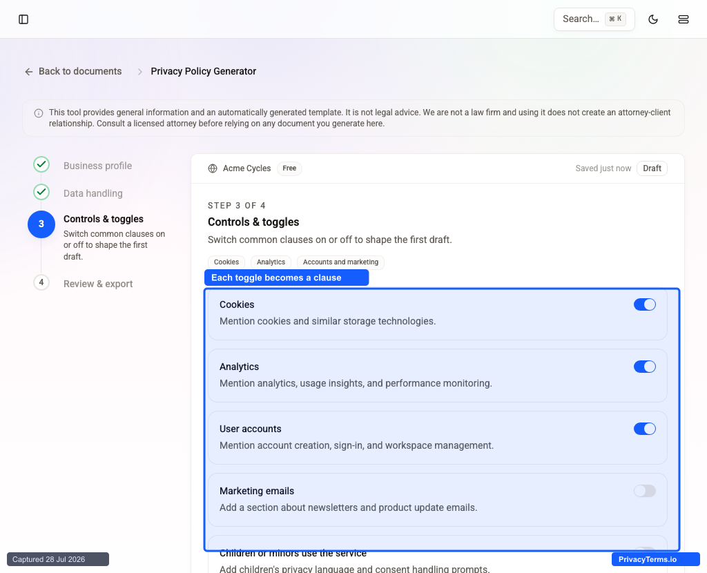 The Privacy Policy Generator's controls and toggles step, showing cookies, analytics, user accounts, marketing email, and children's privacy switches