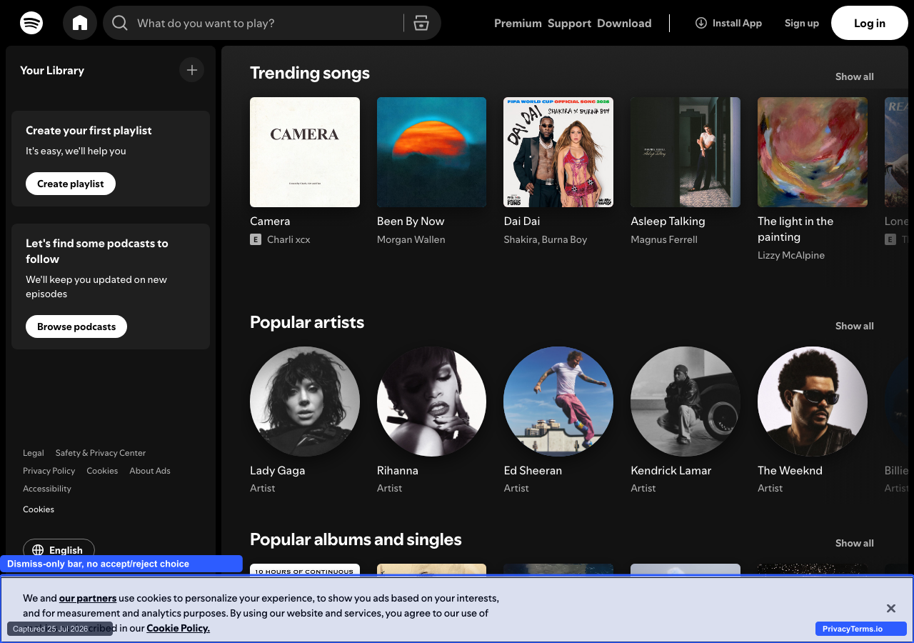 Spotify's dismiss-only cookie banner