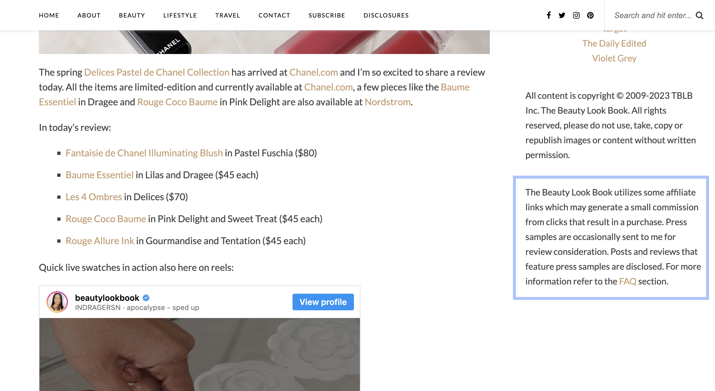 thebeautylookbook.com includes a well-written and easy to understand affiliate disclaimer in the sidebar