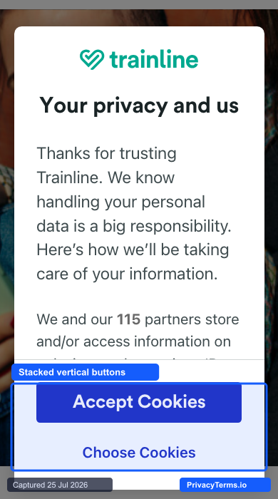 Trainline's stacked-button mobile cookie consent modal