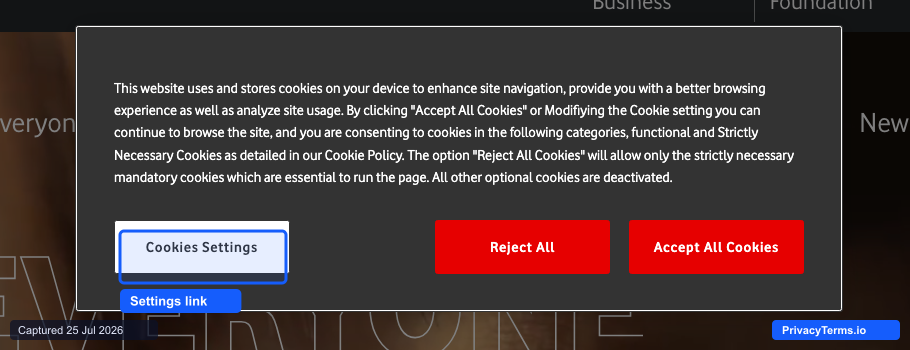 Vodafone's centered cookie consent modal with a Cookies Settings shortcut