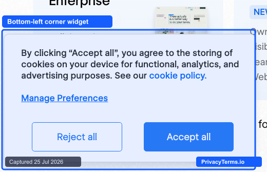 Webflow's bottom-left corner cookie consent widget