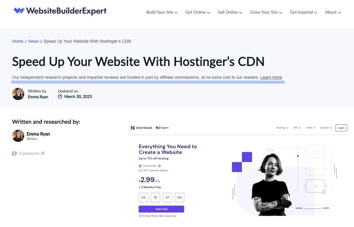 www.websitebuilderexpert.com lets their audience know about their affiliate links upfront, above the fold