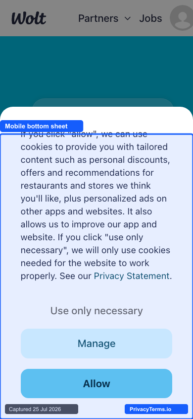 Wolt's mobile bottom sheet with Use only necessary demoted to a plain text link